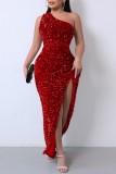 Rose Red Sexy Formal Solid Sequins Patchwork Backless Slit One Shoulder Evening Dress Dresses