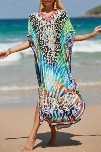 Leopard Print Casual Print Patchwork Slit V Neck Beach Dress Dresses