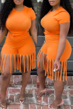 Orange Fashion Casual Solid Tassel O Neck Short Sleeve Two Pieces