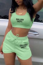 Light Green Casual Print Letter U Neck Sleeveless Two Pieces