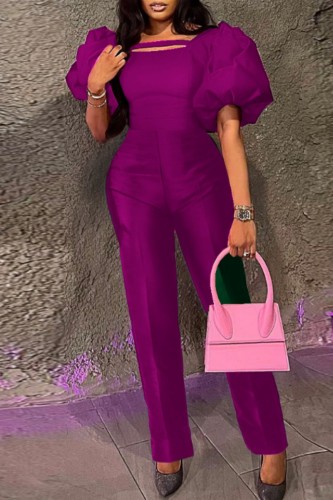 Purple Casual Solid Hollowed Out Patchwork Square Collar Regular Jumpsuits