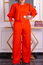 Tangerine Red Casual Solid Patchwork O Neck Regular Jumpsuits