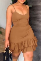 Brown Sexy Casual Solid Spaghetti Strap Wrapped Skirt Dresses