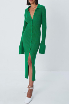 Green Sexy Solid Patchwork Turndown Collar Pencil Skirt Dresses