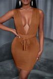 Brown Fashion Casual Solid Backless V Neck Sleeveless Dress