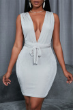 White Fashion Casual Solid Backless V Neck Sleeveless Dress