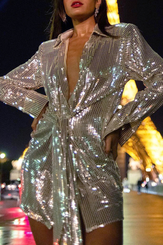 White Street Elegant Geometric Sequins Patchwork Turndown Collar Shirt Dress Dresses