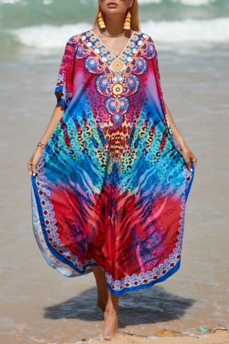 Rose Red Casual Print Patchwork Slit V Neck Beach Dress Dresses