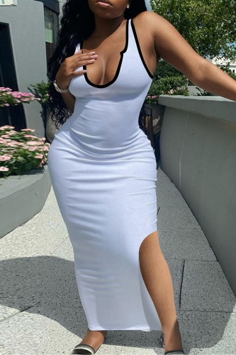 White Sexy Solid Patchwork U Neck Pencil Skirt Dresses