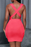 Rose Red Fashion Casual Solid Backless V Neck Sleeveless Dress