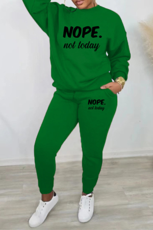 Dark Green Street Print Letter O Neck Long Sleeve Two Pieces
