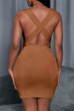 Brown Fashion Casual Solid Backless V Neck Sleeveless Dress