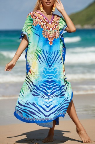 Light Blue Casual Print Patchwork Slit V Neck Beach Dress Dresses