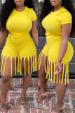 Yellow Fashion Casual Solid Tassel O Neck Short Sleeve Two Pieces