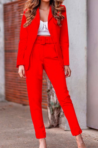 Red Fashion Casual Solid Patchwork Turndown Collar Long Sleeve Two Pieces