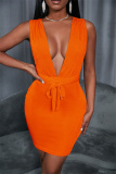 Orange Yellow Fashion Casual Solid Backless V Neck Sleeveless Dress