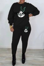 Black Casual Character Print Letter O Neck Long Sleeve Two Pieces