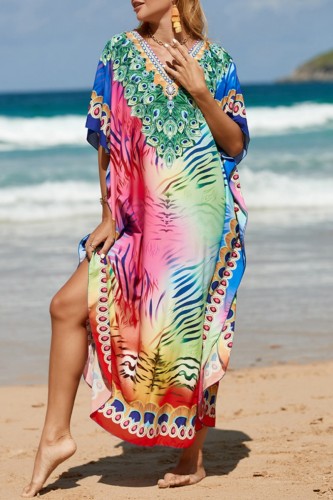 Pink Green Casual Print Patchwork Slit V Neck Beach Dress Dresses