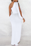 White Sexy Formal Solid Backless Slit Oblique Collar Long Sleeve Dresses