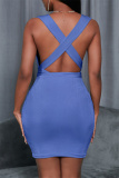 Blue Fashion Casual Solid Backless V Neck Sleeveless Dress