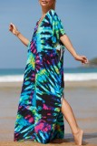 Light Blue Casual Print Patchwork Slit V Neck Beach Dress Dresses