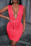 Rose Red Fashion Casual Solid Backless V Neck Sleeveless Dress