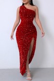 Rose Red Sexy Formal Solid Sequins Patchwork Backless Slit One Shoulder Evening Dress Dresses