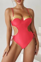Pink Sexy Solid Hollowed Out Patchwork Frenulum Backless Swimwears (With Paddings)