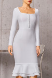 White Casual Solid Patchwork Square Collar Long Sleeve Dresses