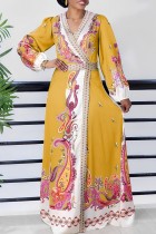 Yellow Casual Print Patchwork Slit V Neck Long Sleeve Dresses