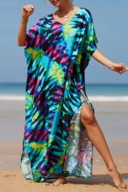 Light Blue Casual Print Patchwork Slit V Neck Beach Dress Dresses