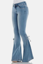 Baby Blue Casual Street Solid Patchwork Cross Straps Boot Cut Mid Waist Wide Leg Bottoms