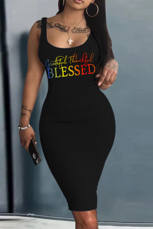 Black Sexy Casual Print Basic U Neck Vest Dress Dresses