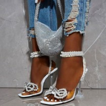 White Casual Patchwork Pearl With Bow Rhinestone Square Out Door Shoes (Heel Height 4.53in)