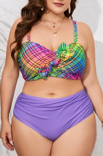 Purple Sexy Print Patchwork Backless Spaghetti Strap Plus Size Swimwear (With Paddings)