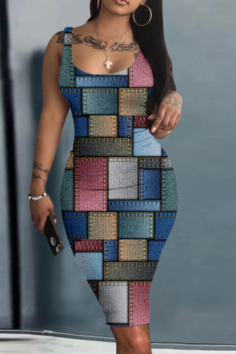 Multicolor Sexy Casual Print Basic U Neck Vest Dress Dresses