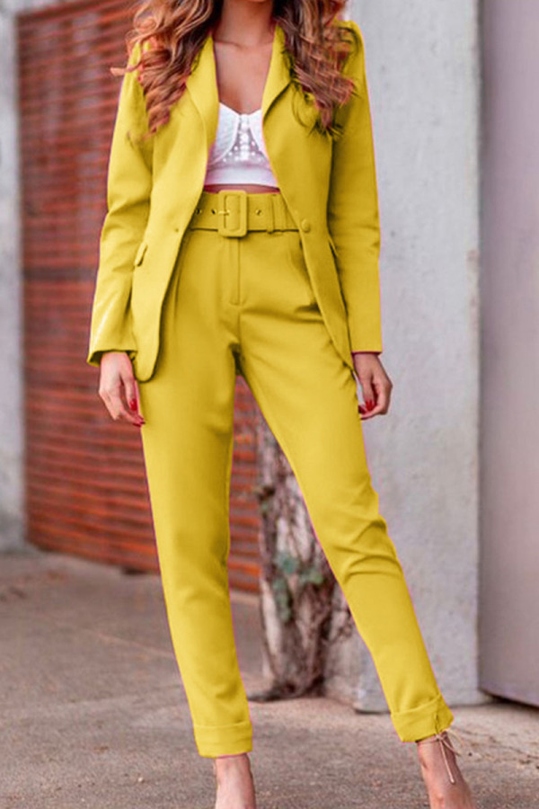 Yellow Fashion Casual Solid Patchwork Turndown Collar Long Sleeve Two Pieces