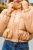 Khaki Fashion Casual Solid Buckle Zipper Mandarin Collar Outerwear