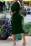 Ink Green Casual Solid Patchwork Oblique Collar One Step Skirt Dresses (With Waist Chain)
