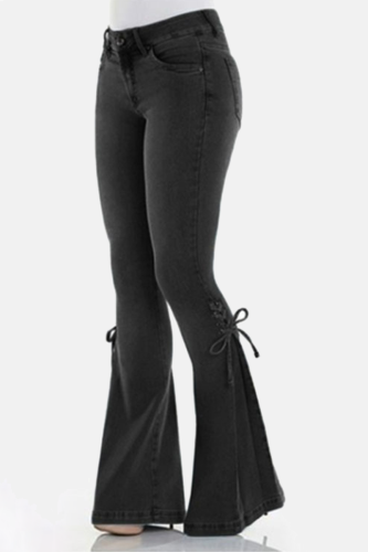 Black Casual Street Solid Patchwork Cross Straps Boot Cut Mid Waist Wide Leg Bottoms