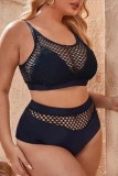 Black Sexy Solid Hollowed Out See-through O Neck Plus Size Swimwear (With Paddings)