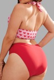 Pink Sexy Print Bandage Backless Halter Plus Size Swimwear (With Paddings)