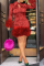 Rose Red Party Print Feathers Turndown Collar Pencil Skirt Dresses