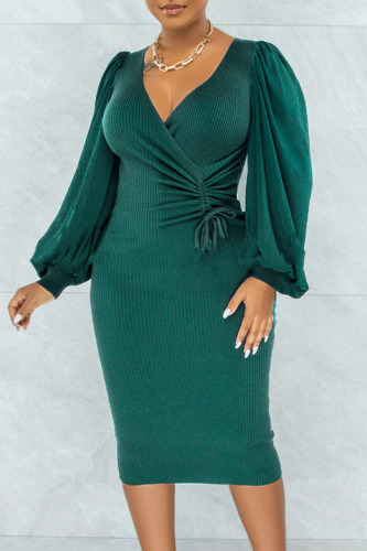Green Casual Solid Bandage Patchwork V Neck One Step Skirt Dresses