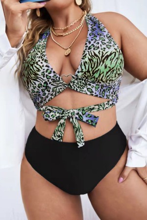 Green Sexy Print Bandage Backless Halter Plus Size Swimwear (With Paddings)