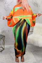 Orange Green Casual Print Patchwork V Neck Pencil Skirt Dresses