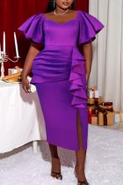 Purple Casual Solid Patchwork V Neck One Step Skirt Plus Size Dresses