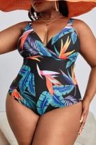Black Sexy Print Backless Spaghetti Strap Plus Size Swimwear (With Paddings)