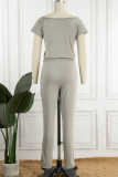 Grey Casual Solid Basic O Neck Regular Jumpsuits