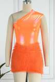 Tangerine Red Sexy Solid Patchwork Oblique Collar Sleeveless Two Pieces